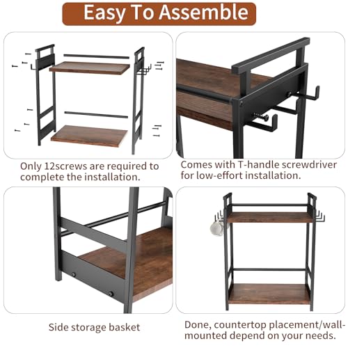 KLM 2 Tier Coffee Bar Organizer for Home Office, Spice Rack for Countertop, Kitchen Counter Storage Shelf with Hanging Basket, Coffee and Tea Condiment Station Organizer