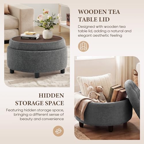 COLAMY Round Hidden Storage Ottoman with Reversible Tray Lid – Multi-Functional Footrest, Sturdy & Stylish Fabric Coffee Table for Living Room, Bedroom, or Entryway, Dark Grey - color: Dark Grey