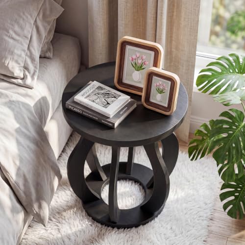 Tribesigns Round End Side Table Set of 2: Farmhouse Wooden Side Table for Living Room, Bedside Nightstand with Curved Frame, Accent Nightstand for Bedroom, Small Spaces, Black(2PC) - color: Black
