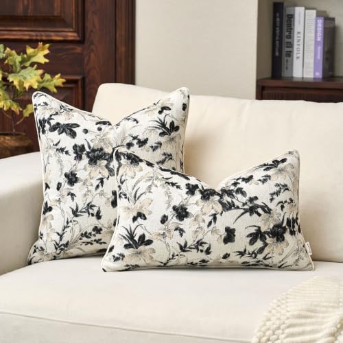 Vintage Floral Pillow Cover 12 x 20 Inches, Nature Chenille Rectangle Throw Pillow Cover Soft Luxury Neutral Accent Couch Pillow Cover for Living Room Bedroom, Black - color: Black, size: 20" x 12" (Pack of 1)