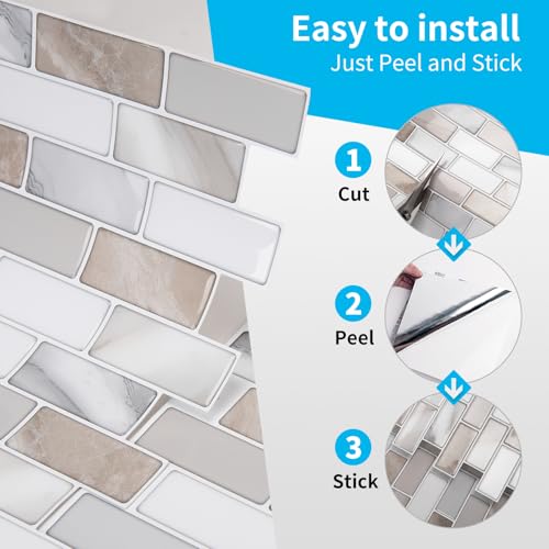 Art3d 10-Pack Marble Peel and Stick Backsplash, 12 x 12 in, Beige & White | Strong Adhesion, Lightweight, Cuttable, Waterproof, Fadeless, Crack Resistant, for Kitchen, Bedroom, Ideal for Recently Moved - color: Beige & White