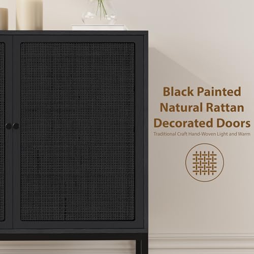 31.5" W Black Sideboard Buffet Cabinet with Painted Natural Rattan Doors, Boho Rattan Cabinet, Accent Credenza Liquor Cabinet, for Living Room Entryway Kitchen, Metal Legs - color: Full Black, size: Square-1 pcs