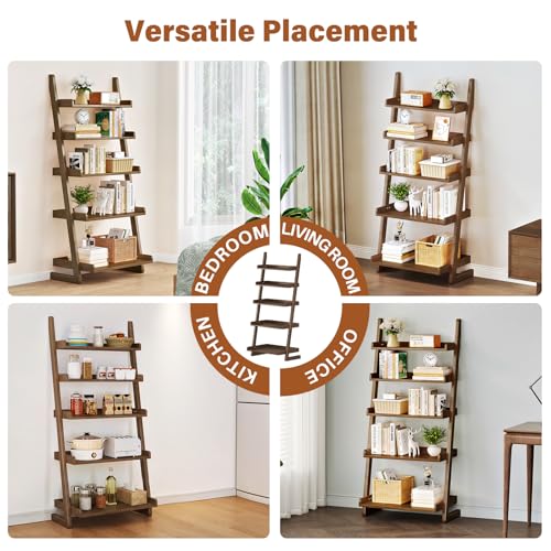 CozyDH Wooden Ladder Shelf, Walnut Bookshelf 5-Tier for Saving Space,Ladder Bookshelf Storage for Living Room, Bedroom, Home Office,23.6''Dx15.7''Wx55.1''H - color: Walnut