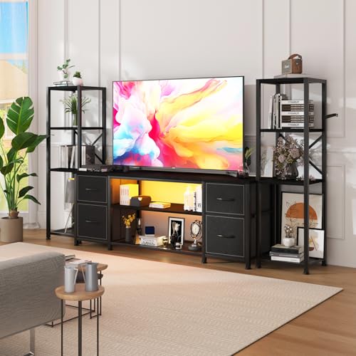 Yenlure LED TV Stand Bookshelf Combo with Charging Station for 65 60 55 Inch TV, Entertainment Center with Lights & Drawers, Industrial Media TV Console Table for Living Room Bedroom Office, Black - color: Black