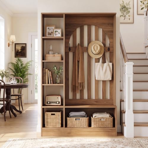 Tribesigns Room Divider with Storage Shelves and Bench | 70.9" Freestanding Wall Divider Partition with Coat Rack for Room Separation, Entryway, Living Room, Bedroom, Rustic Brown