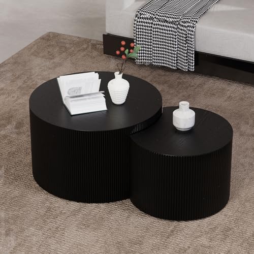 26 inch Round Black Fluted Nesting Coffee Table Set of 2, A Large | Spray Painting Finish, For Living Room, Nested Crescent Side Table, Nestable Design, Mid-Century Modern, For Small Spaces - color: A Large