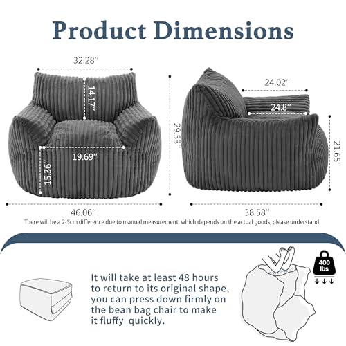 Giant Plush Bean Bag Chair for Adults with Armrests - Oversized Comfy Grey Beanbag Lounge Lazy Floor Sofa Accent Chair for Living Room, Bedroom & Dorm, Cozy Fluffy Single Cloud Mini Couch - color: Grey, size: XL Sofa Chair