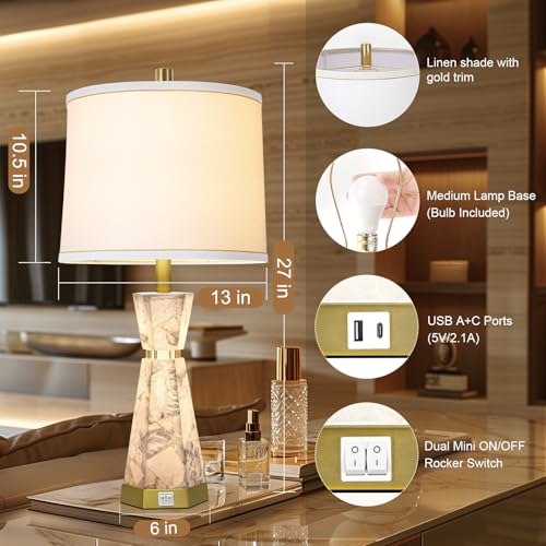 Scenekoy 27" Modern Alabaster Table Lamp Set of 2 with Night Light, USB A+C | Lamps for Living Room with Linen Shade,Bedside Lamp with USB A+C Ports for Bedroom,Nightstand Office Hotel(Bulb Included) - color: White