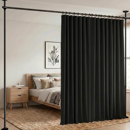 hoeflife Room Divider Curtains Blackout Floor to Ceiling Curtain with Hook Wall Mount Sliding Door Curtains Ceiling Mount Extra Wide Curtain Wall Divider for Room Separation (Black, W100 x H96 Inch) - color: Black, size: 100"W x 96"L (Pack of 1)