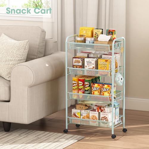 TOOLF 4 Tier Rolling Cart, Metal Utility Storage Cart with Wheels, Green | 3 Hooks, Screwless Assembly, Trolley Organizer for Bathroom, Kitchen, Office, Nursery, Dorm, Laundry Room - color: Green, size: 4-Tier