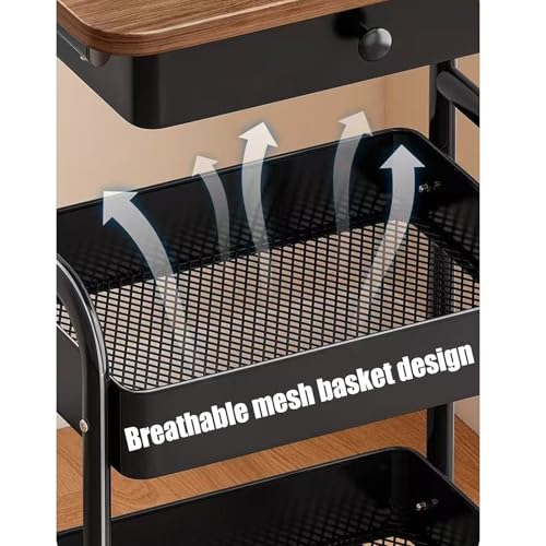 3-Tier Rolling Utility Cart with Drawers, Solid Wood Tabletop Metal Storage Cart, 360° Swivel Wheels & 2 Lockable Casters, Lightweight Mobile Organizer Trolley for Kitchen Living Room Bathroom - color: Black