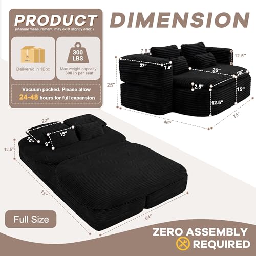 75'' Folding Sleeper Sofa Bed, Memory Foam Boneless Couch | Full Size Guest Bed Mattress, Modern 2-in-1 Floor Deep Seat Sleeper Sofa with 4 Pillows and Blanket | Corduroy Black - color: Black, style: Corduroy
