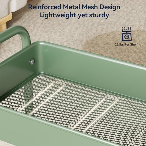 3-Tier Rolling Cart, Green, 66 Pounds Capacity, Mesh Storage Organizer with Lockable Wheels, 3 Hanging Cups, 4 Hooks, Easy Assembly, for Kitchen, Bathroom, Laundry, Grocery | Sturdy Rolling Storage Cart With Hooks & Hanging Cups, Great For Craft, Art Work