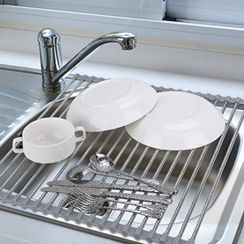 Hhyn Roll Up Dish Drying Rack Over The Sink 17.7"(L) x 15.6"(W), Gray | Multipurpose Foldable Stainless Steel Kitchen Rollable Drainer Rack - size: 17.7"(L) x 15.6"(W)