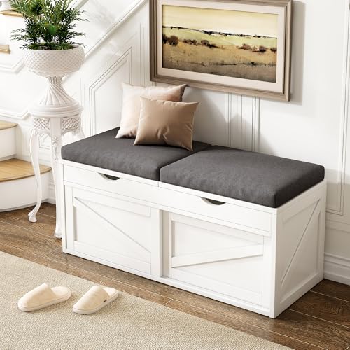 iPormis Shoe Storage Bench,40" Wide 2-Tier Shoe Bench with Padded Seat Cushion and Lift Top Storage,Entryway Bench with Adjustable Shelf,Wooden End of Bed Bench,White - color: Cream White