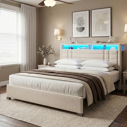 EnHomee Queen Upholstered Bed Frame with Charge Station & LED Lights, Beige | 2-Tier Shelves Headboard, 12" Under-Bed Storage Space, Noise-Free, No Box Spring Needed, Easy Assembly - color: Beige, size: Queen (U.S. Standard)