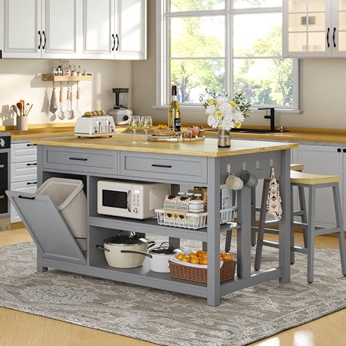 Kitchen Island with Storage and Seating Include 2 Bar Stools, Drawers, Grey | 47" Solid Rubberwood Top Kitchen Island with Trash Can Storage, Power Outlet, 6 Hooks, Coffee Bar Cabinet, Dining Table for 2 - color: Grey