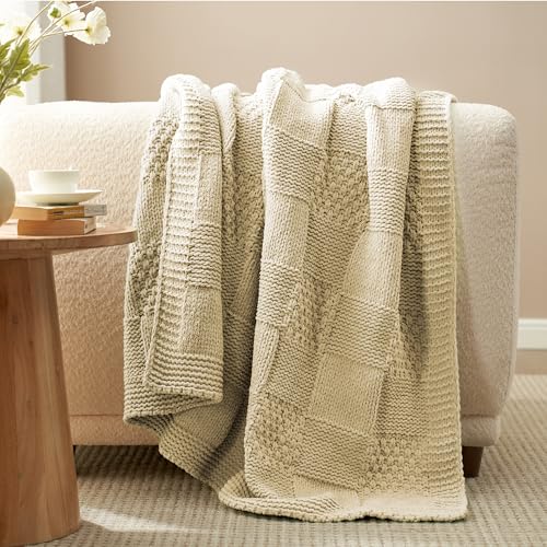 Knit Throw Blanket, Soft Chenille Cozy Breathable Checkered Chunky Decorative Blanket for Couch, Bed & Sofa, French-Inspired Lightweight Warm Gift for Women, Beige, 50"x60" - color: Checkered Beige, size: Checkered Knit 50"x60"