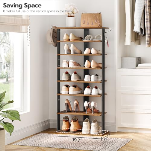 HOOBRO 8 Tiers Vertical Shoe Rack, Wooden Shoe Storage Organizer with Hooks, Narrow Shoe Tower for 16 Pairs, Space Saving, for Entryway, Living Room, Bedroom, Rustic Brown BF750XJ01 - color: Rustic Brown, size: 8 Tier (19.7"W)