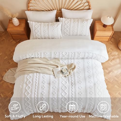 MR&HM Queen Comforter Set 7 Pieces, Fluffy Tufted Boho Beddding Set White | Shabby Chic Farmhouse Bed Set, All-Season Soft Microfiber Bed in a Bag Comforter with Sheets, Pillow Shams & Pillowcases - color: 2- White, size: Queen