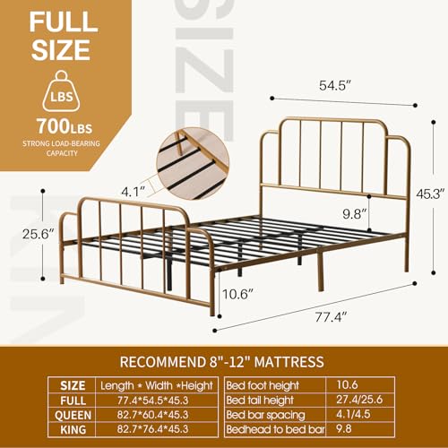 PINJU Metal Platform Bed Frame with Headboard and Footboard, Classic Style, Sturdy Metal Slats, No Box Spring Needed, Easy Installation (Gold, Full) - color: Gold, size: Full