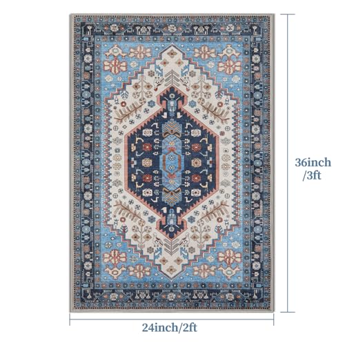 Ciicool 2x3ft Small Area Rug,Washable Boho Thin Mat for Entryway Kitchen | Oriental Non-Slip Low-Pile Indoor Carpet Soft Entry Rugs for Entrance Bedroom Kitchen Bathroom Foyer Decor - color: Blue/Beige, size: 2' X 3' (Rectangular)