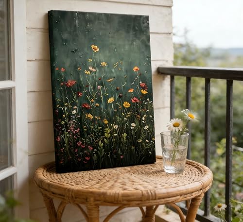 Moody Dark Green Wildflower Canvas Wall Art Vintage Flower Wall Decor 16x24 | Botanical Floral Painting Picture Dark Academia Poster Printing for Bedroom Living Room Home Decoration - size: 24"L x 16"W