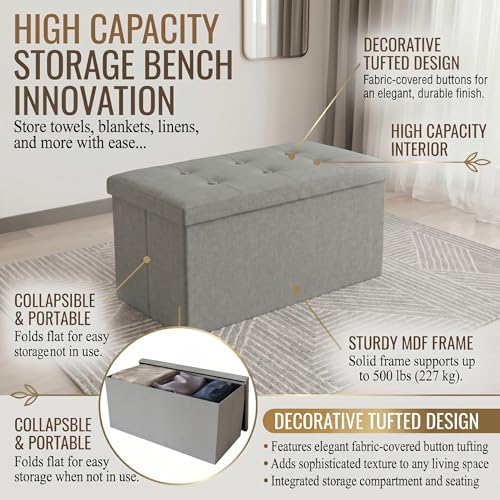 HOME DESIGN Florence 30" Upholstered Folding Storage Ottoman Bench, Tufted Top, Space-Saving Storage, Gray Linen Fabric - color: Gray Linen
