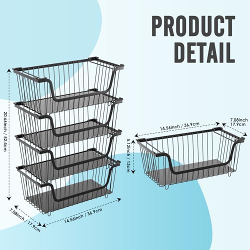4 Pcs Stackable Wire Baskets Pantry Organizers and Storage Bins,Black | Breathable Metal Design with Rotating Handle,Idea for Potato Onion Fruit Snack Veggie Kitchen Countertop Freezer Organization - color: 1-Black