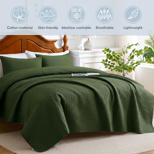 Green 100% Cotton Twin Quilt Set, 3 Piece Modern Textured Bedspread with Coin Pattern, Lightweight Crinkly Coverlet Sham Set, Soft Minimalist All Season Bedding Sets - color: Green, size: Twin
