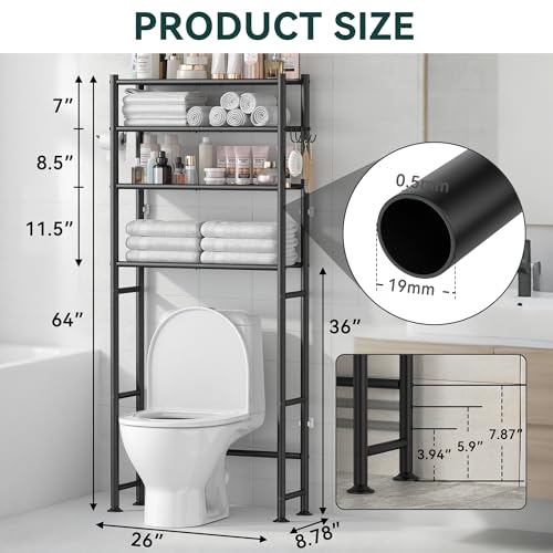 GloTika 4-Tier Over The Toilet Storage Shelves, Black | 200lb Total Capacity, Metal Bathroom Organizer with 36" Clearance, Includes Paper Holder & 4 Hooks, Suit for Small Space - color: Black