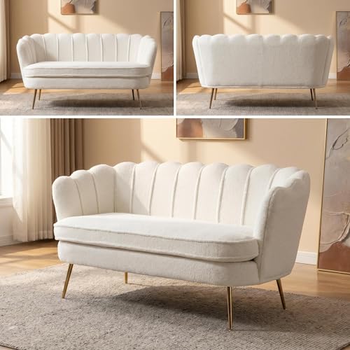 Modern Boucle Loveseat Couch, Futon Small Sofa with Gold Metal Legs | 2-Seater Upholstered Mini Sofa Couches for Small Space,Living Room Bedroom Office Dorm Studio Apartment Love Seat Couche - color: White