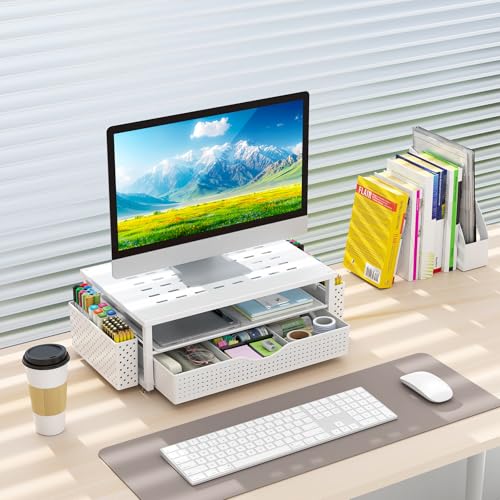 gianotter Desk Organizers and Accessories, Monitor Stand with Drawer and 2 Pen Holder, Desktop Organizer Suitable for Offices and Dormitories (White) - color: White-Ventilated