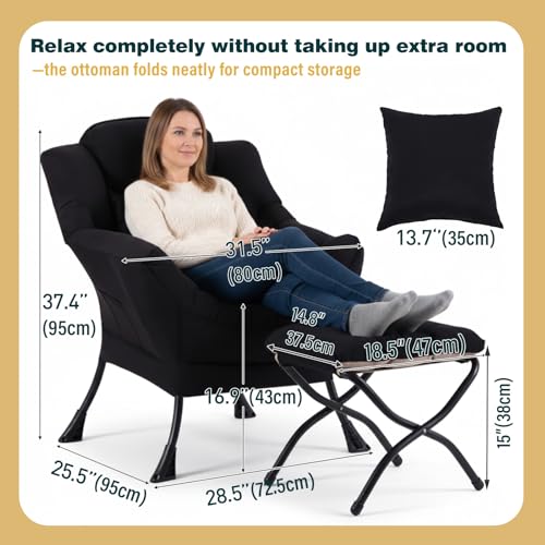 Lazy Chair with Ottoman, Comfy Reading Chair for Bedroom,Black | Comfy Bedroom Accent Chair with Washable Removable Cover and extra throw pillow for Living Room Dorm - color: Midnight Peach Black