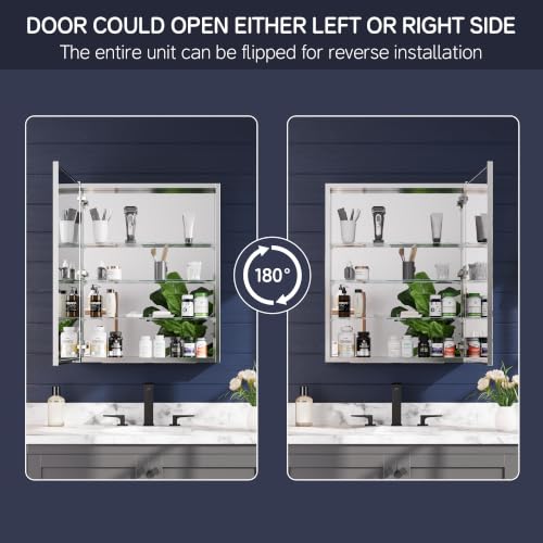 Medicine Cabinet Mirror 24"W x 30"H, Bathroom Beveled Edge Mirror Cabinet | Medicine Cabinets with Adjustable Glass Shelves, Soft-Closed Hinge, Chrome Aluminum Frame, Reverse Installation - size: 24" x 30"(Beveled)