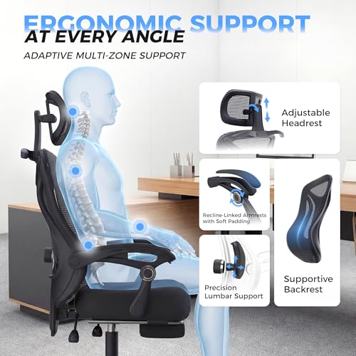 CYKOV Ergonomic Office Chair, Reclining, Footrest, Adjustable Lumbar, 350LB | 4-Way Headrest (4.72" + 60°), 2-Way Lumbar (2" + 1.18"), 90-135° Recline, Breathable Mesh, Gaming & Office, 5-Year Warranty - color: Black