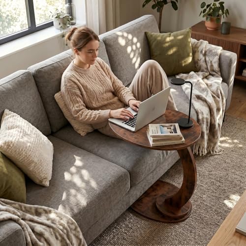 C Shaped End Table,Round Side Table for Couch Tables that Slide Under, TV Sofa Table for Small Spaces,C Table,Night Stand with Metal Frame for Bedroom,Living Room,Small Space(Brown) - color: Brown