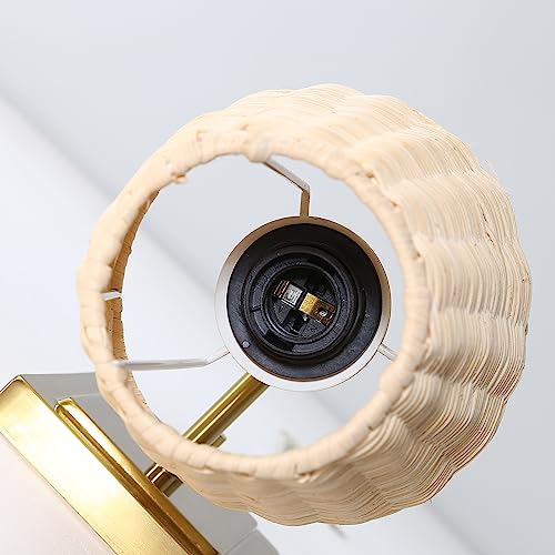 WINGBO Wall Sconce Rattan Wrapped Wall Lamp Set of 2, Wall Light Gold Light Fixture Vintage Bedside Light Wicker Handmade Shade Brass Reading Light Plug in or Hardwire Gold
