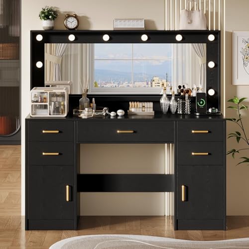 TOKSOM 44.8" Large Vanity Desk with Lighted Mirror & Power Outlet, Black Makeup Vanity Desk with Mirror and Lights, Black Vanity Table with 5 Drawers and 2 Cabinets, Dressing Table for Bedroom - size: 44.8 inch, style: Modern Black