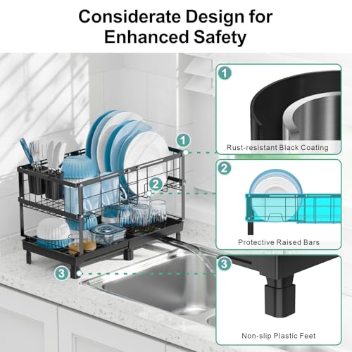 Large 2 Tier Dish Drying Rack - Expandable for Kitchen Counter Black | Spacious Drying Space, 360° Rotating Drain Spout, 12.2 in Deep Design, Removable Utensil Holder, Rust-Resistant, Stable Frame - color: Black, size: Large - 20.7"L x 12.2"D x 13.4"H