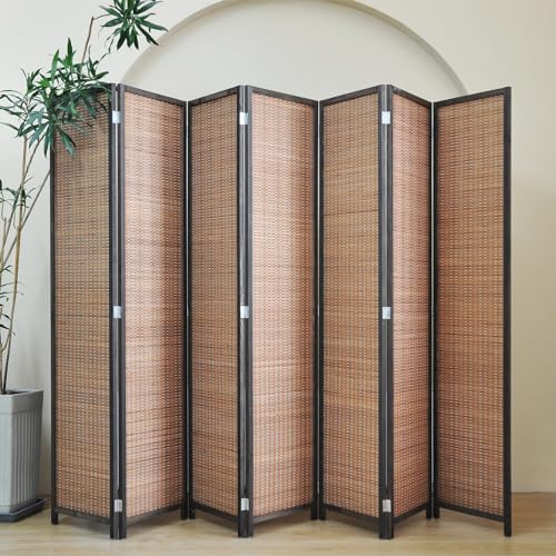 7 Panel Bamboo Room Divider - 5.6 ft Tall Folding Privacy Screen, Natural Brown Freestanding Partition Wall for Home Office & Room Separation (67" H x 107.5" W) - color: Brown, size: 7 Panel