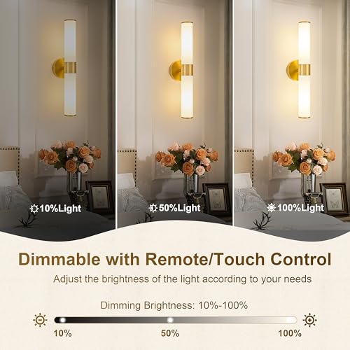 Morauroral Gold Battery Operated Wall Sconces Set of 2, Rechargeable Wall Lights with Remote Control, 20 Inch Modern Wireless Wall Lamp for Bedroom, Living Room (Bulbs Included) - color: Gold(White Glass)