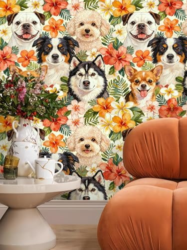 Peel and Stick Wallpaper Floral Puppy Wallpaper | Renter Friendly, Removable, Textured, Stick On, Waterproof, Vintage, Floral Dog Contact Paper for Kitchen, 17.5 x 118 in - color: Orange