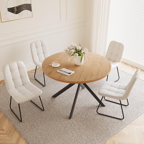 HIPIHOM 45.3 Inch Round Dining Table Set for 4, Mid Century Modern Small Kitchen Coffee Set for Dining Room Kitchen Apartment (Oak Table + 4 U-Shaped White Chairs) - color: Oak Table+4 U-shaped White Chairs