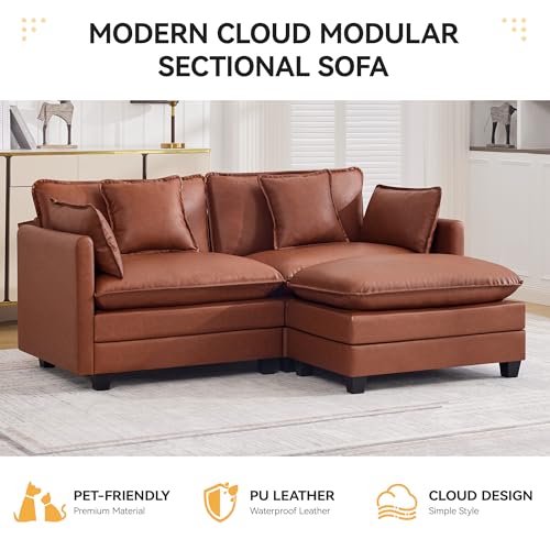 76'' Cloud Deep Seat Loveseat Sofa, Upholstered Leather Modular 2-Seats Sectional Sofa Couch with Movable Ottoman, Modern Comfy Settee Loveseat for Living Room Set, Small Apartment,Leather Brown - color: Pu-dark Brown, size: 76'' L Shape