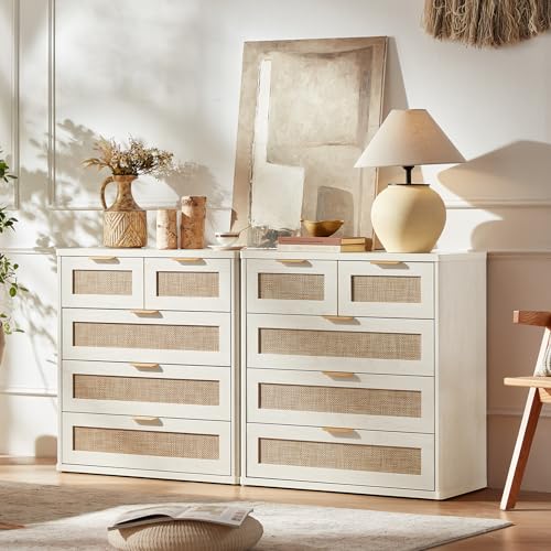 LEYAOYAO Rattan Dresser for Bedroom, 33.5" Small Chest of Drawers | Gold Metal Handle, Modern 5 Drawers Boho Dressers with Storage for Living Room, Hallway - color: Grey White, size: 15.5"D x 31.5"W x 33.5"H (5 Drawers)