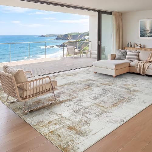 famibay 5x8 Area Rug, Abstract Washable Rugs for Living Room Low Pile Neutral Area Rug for Bedroom Aesthetic Non Slip Rubber Backed Carpet Rugs for Living Room Bedroom Dining Room(Beige/Camel) - color: Beige and Camel, size: 5 x 8 Feet