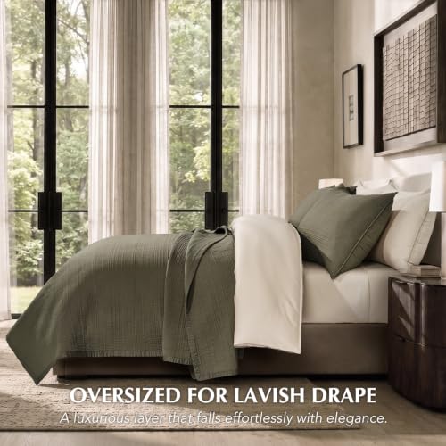 EVERGRACEHOME Cotton Sateen Channel Quilt Set, King Size, Moss Green | 100% Cotton, Pre-Washed Soft Coverlet Bedspread, 3-Piece Refined Channel Stitch Bedding Set for All Season, 2 Pillow Shams - color: Moss Green (Grayish Green) - Refined Channel, size: