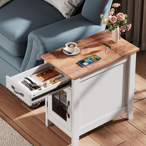 WLIVE End Table with Charging Station, Narrow Side Table for Living Room, Farmhouse Night Stand with Storage, Small Wooden Cabinet Nightstand with USB Ports and Outlets, 23.62" D x 13.78" W x 23.62" H - color: White