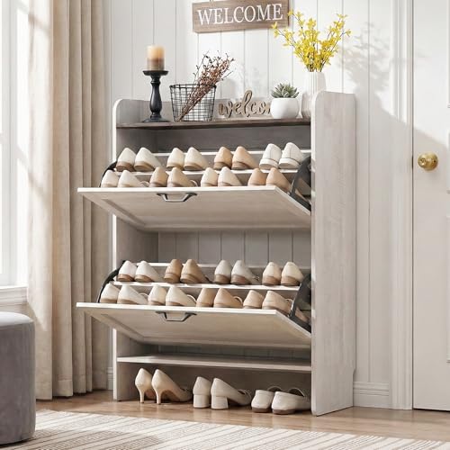31.4“W Slim Shoe Storage Cabinet with 2 Flip Drawers and Adjustable Shelves | Narrow Shoe Cabinet Storage for Entryway, Farmhouse Hidden Shoe Storage for Hallway, Warm Gray-white